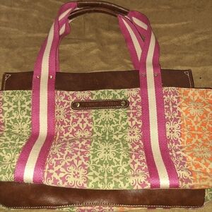 Tommy Hilfiger Pink Green Orange Patterned Canvas Tote with Brown Trim